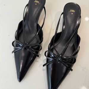 Zara Black Mules with Strappy Details and Kitten Heel